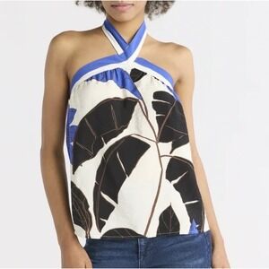 NEW Sofia Vergara Blue Tropical Leaf Tie Halter Tank Top Shirt Plus XXXL 22 3X